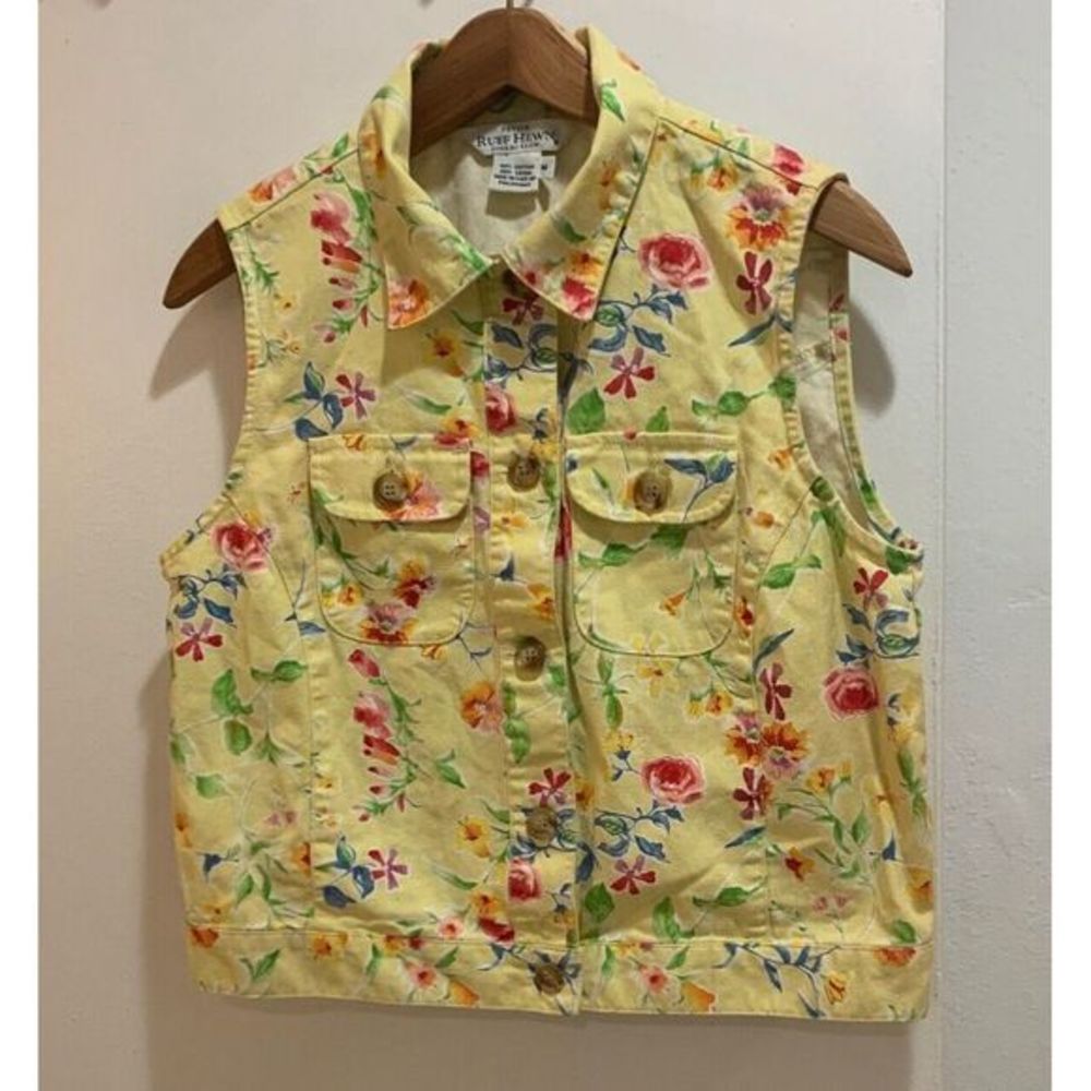 Vintage Ruff‎ Hewn Yellow Floral Denim Vest Sleeveless Jacket Petite Medium